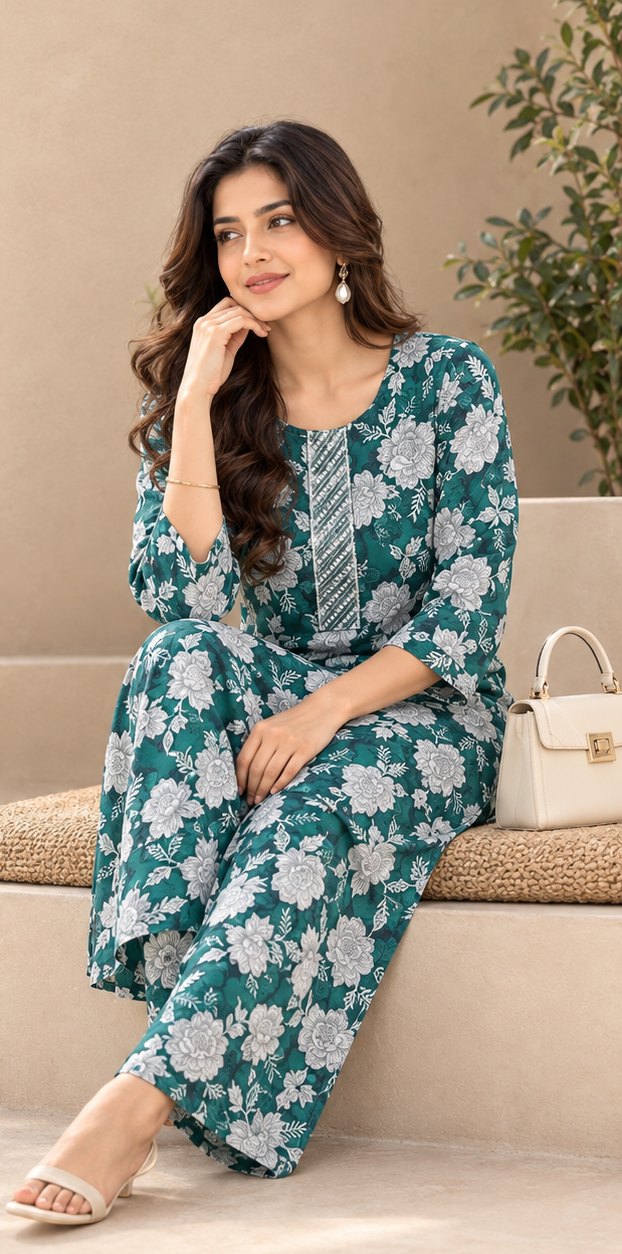 Samudra Teal Floral Print Embroidered Kurta Set by Theaoura