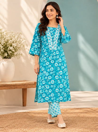 Neer Turquoise Floral Print Kurta Set by Theaoura
