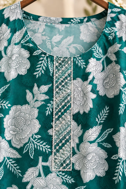 Samudra Teal Floral Print Embroidered Kurta Set by Theaoura