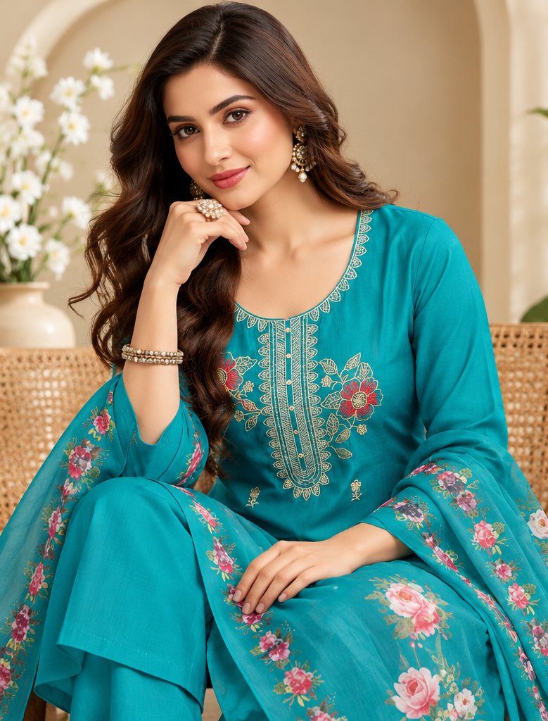 Mor Pankh Peacock Blue Floral Embroidered Suit Set by Theaoura