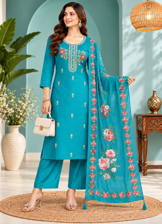 Mor Pankh Peacock Blue Floral Embroidered Suit Set by Theaoura