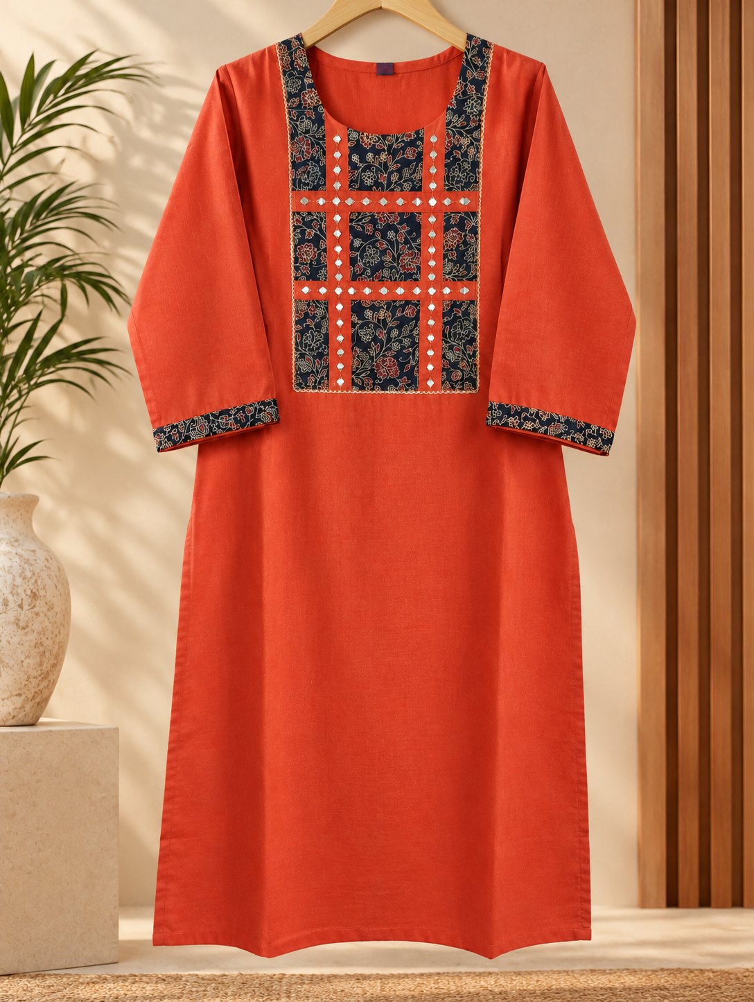 Kaavya Rust Mirror Work Suit Set by Theaoura