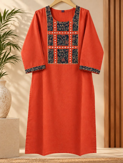Kaavya Rust Mirror Work Suit Set by Theaoura