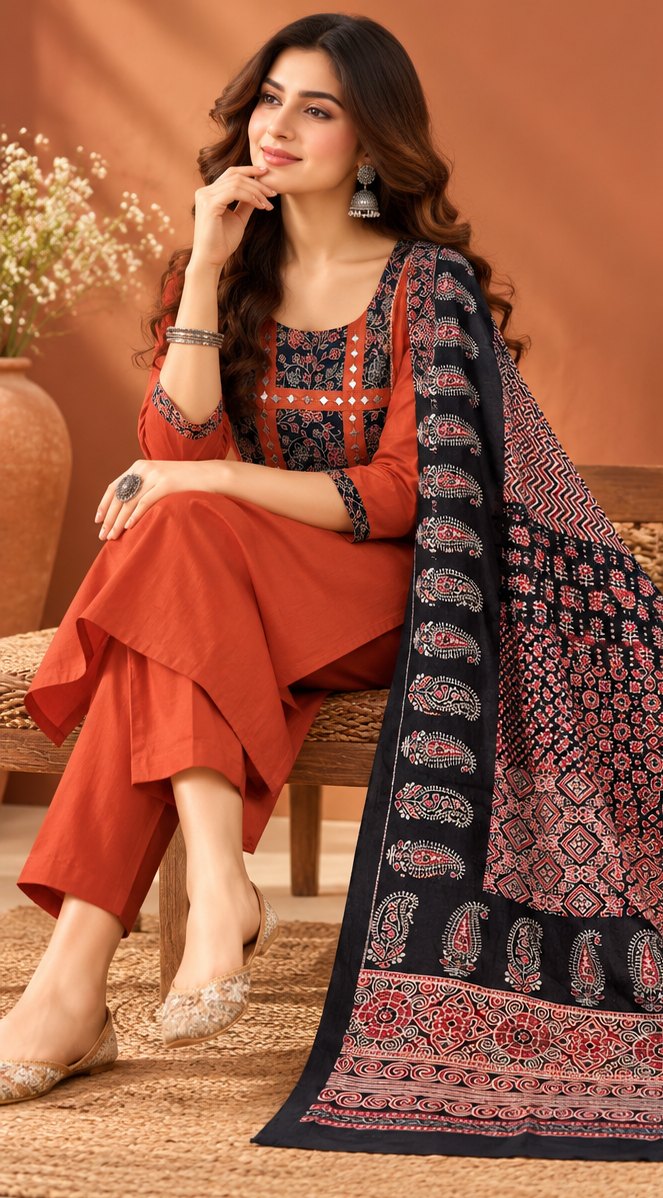 Kaavya Rust Mirror Work Suit Set by Theaoura