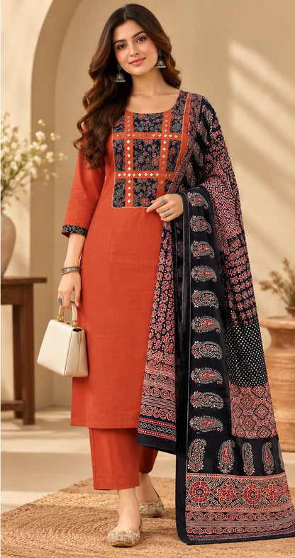 Kaavya Rust Mirror Work Suit Set by Theaoura