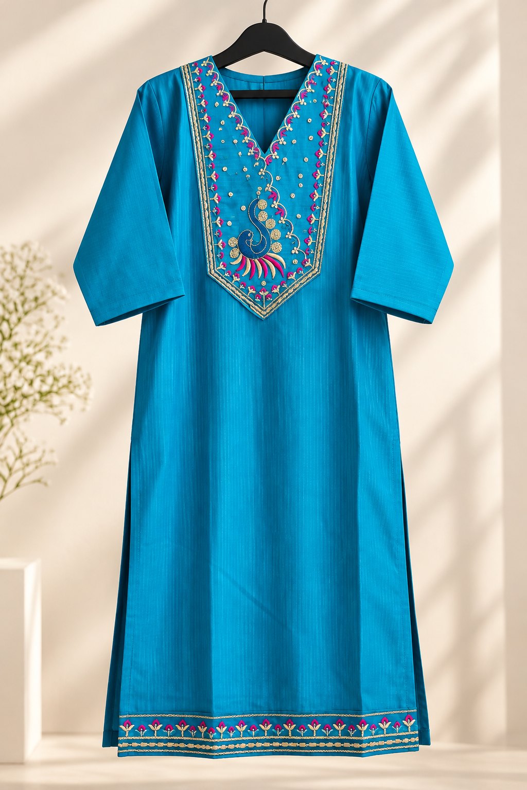 Neela Turquoise Peacock Embroidered Kurta by Theaoura