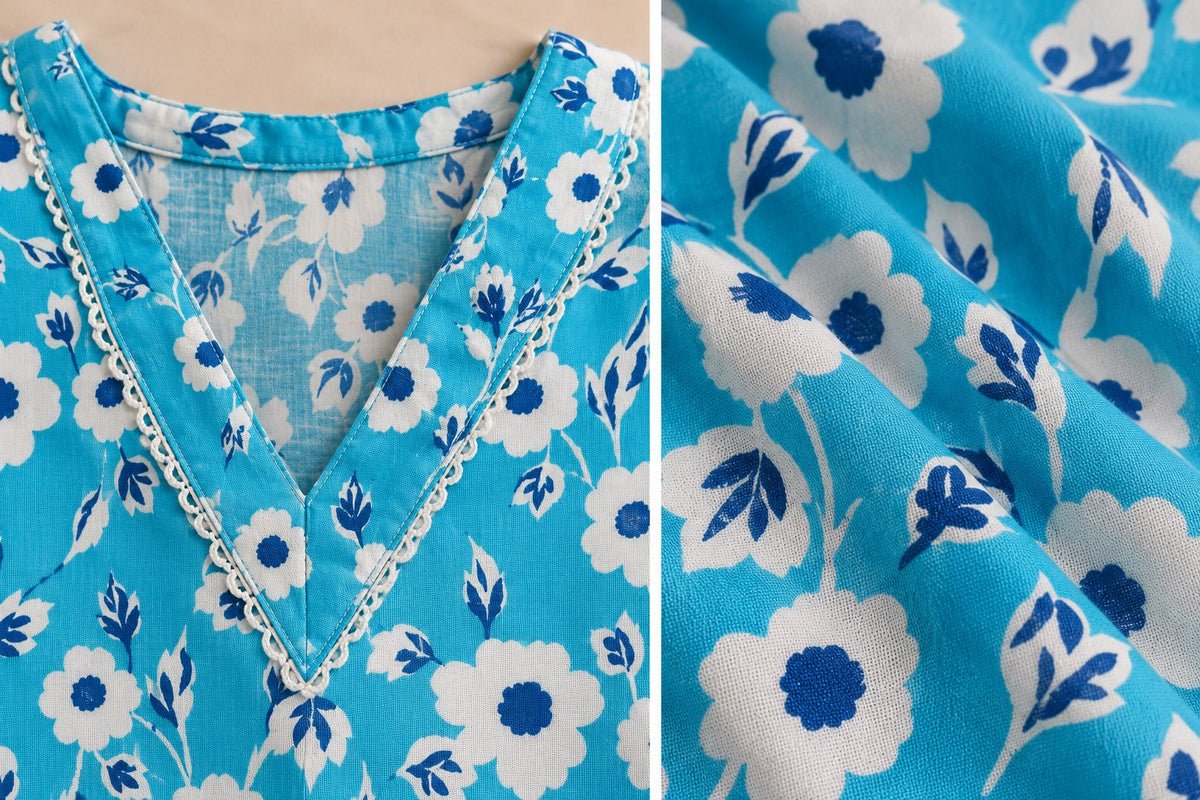 Aasmaan Sky Blue Floral Print Kurta Set by Theaoura