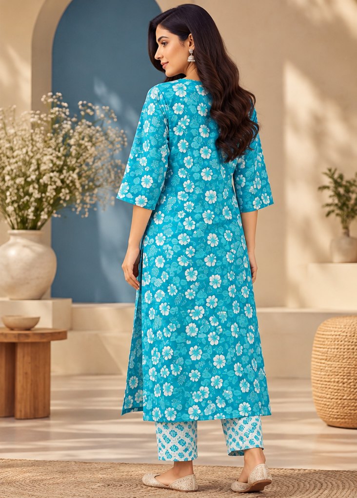 Neer Turquoise Floral Print Kurta Set by Theaoura