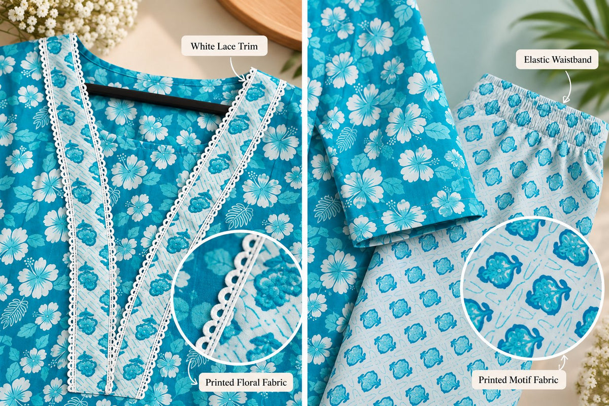 Neer Turquoise Floral Print Kurta Set by Theaoura