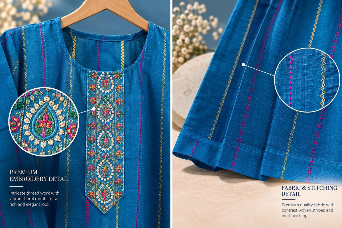 Sagari Cobalt Blue Striped Embroidered Kurta by Theaoura