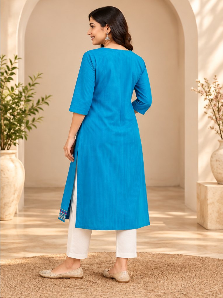 Neela Turquoise Peacock Embroidered Kurta by Theaoura