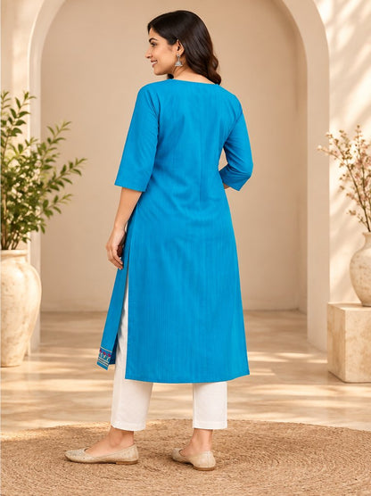 Neela Turquoise Peacock Embroidered Kurta by Theaoura