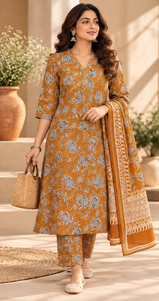 Kesariya Ochre Printed Kurta Set with Dupatta by Theaoura