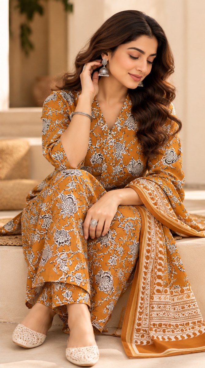Kesariya Ochre Printed Kurta Set with Dupatta by Theaoura