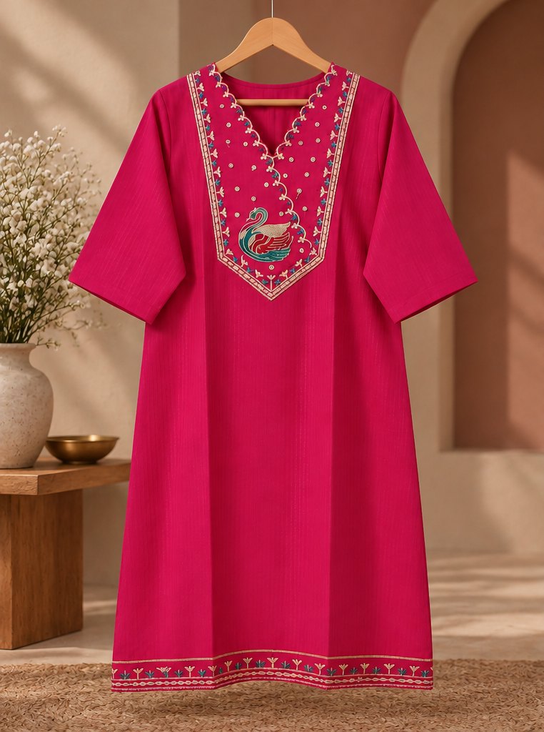 Hamsa Fuchsia Pink Swan Embroidered Kurta by Theaoura