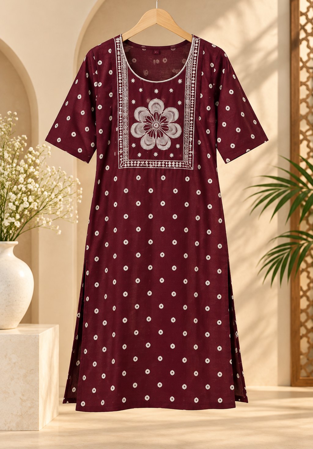 Kasturi Maroon Printed Embroidered Kurta by Theaoura