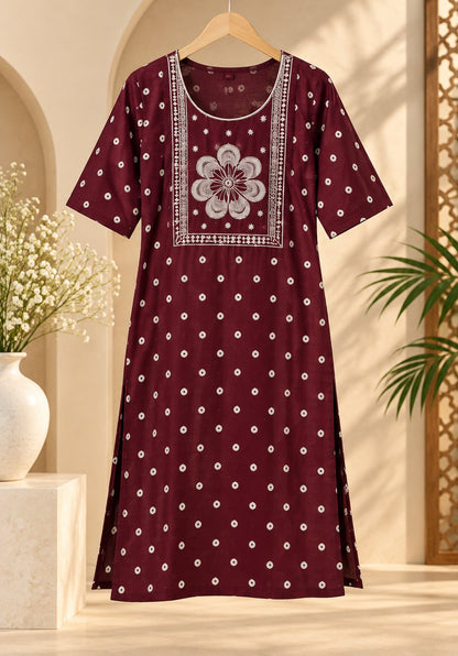 Kasturi Maroon Printed Embroidered Kurta by Theaoura