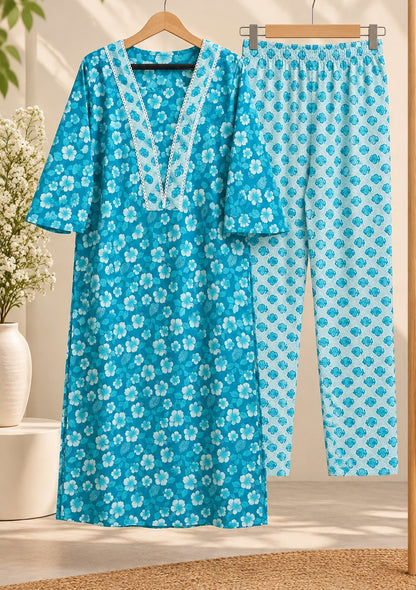Neer Turquoise Floral Print Kurta Set by Theaoura