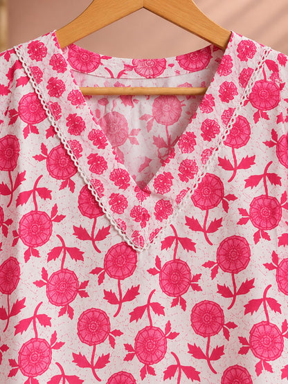 Gulab Rose Pink Floral Print Kurta Set by Theaoura